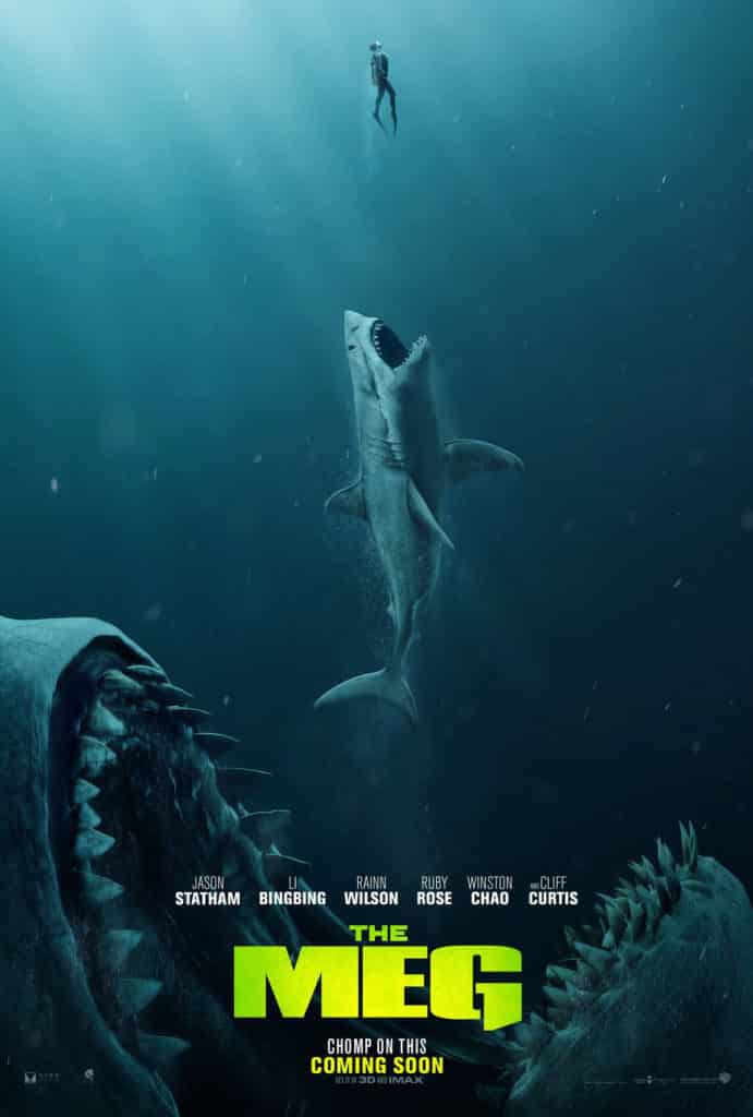 A movie poster of The Meg featuring a shark about to eat another shark,, who is about to eat a man.