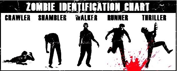 A chart showing the five different kinds of zombies; crawler, shambler, walker, runner, and thriller.